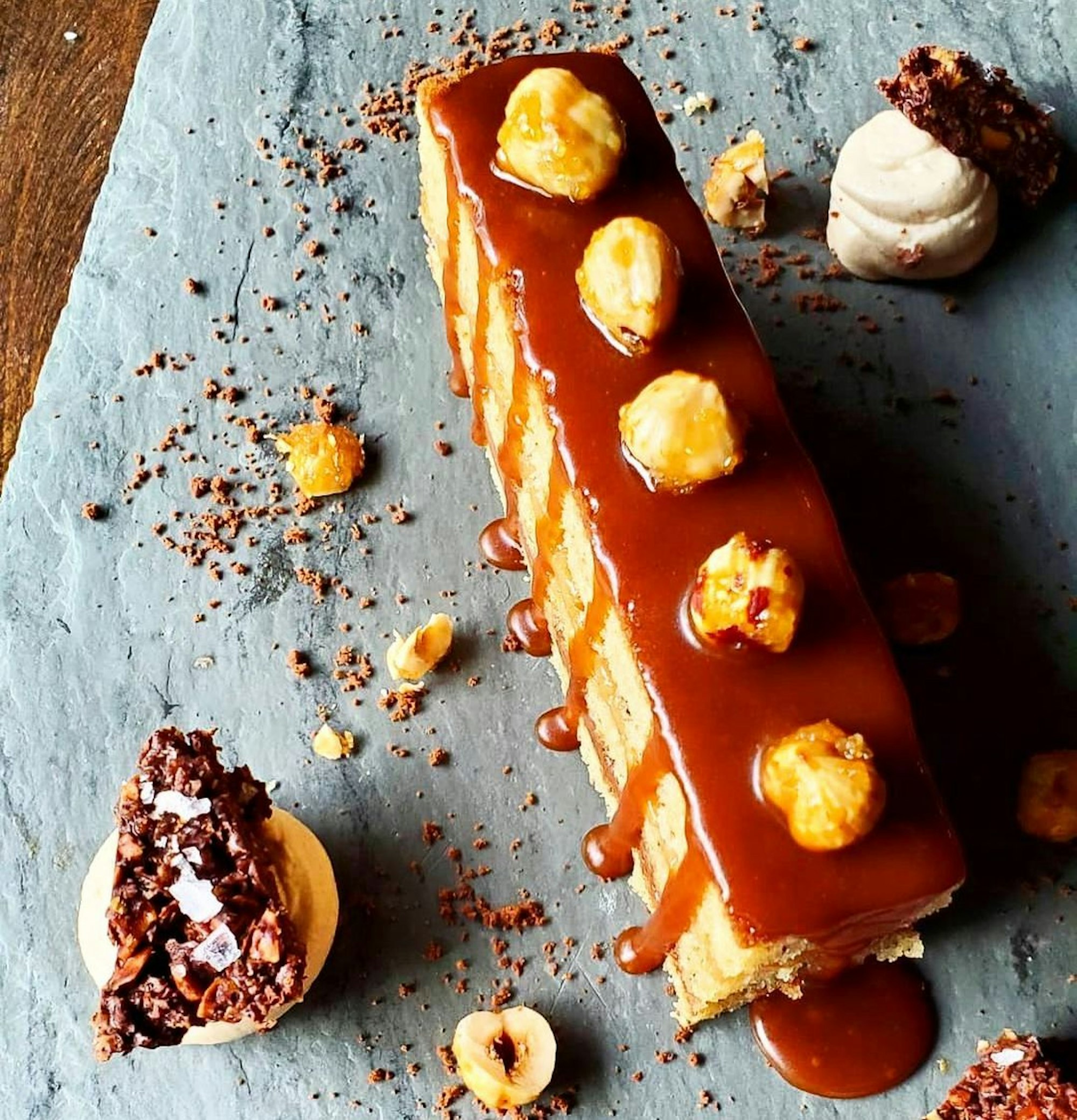 A plated caramel dessert torte at TillingHouse