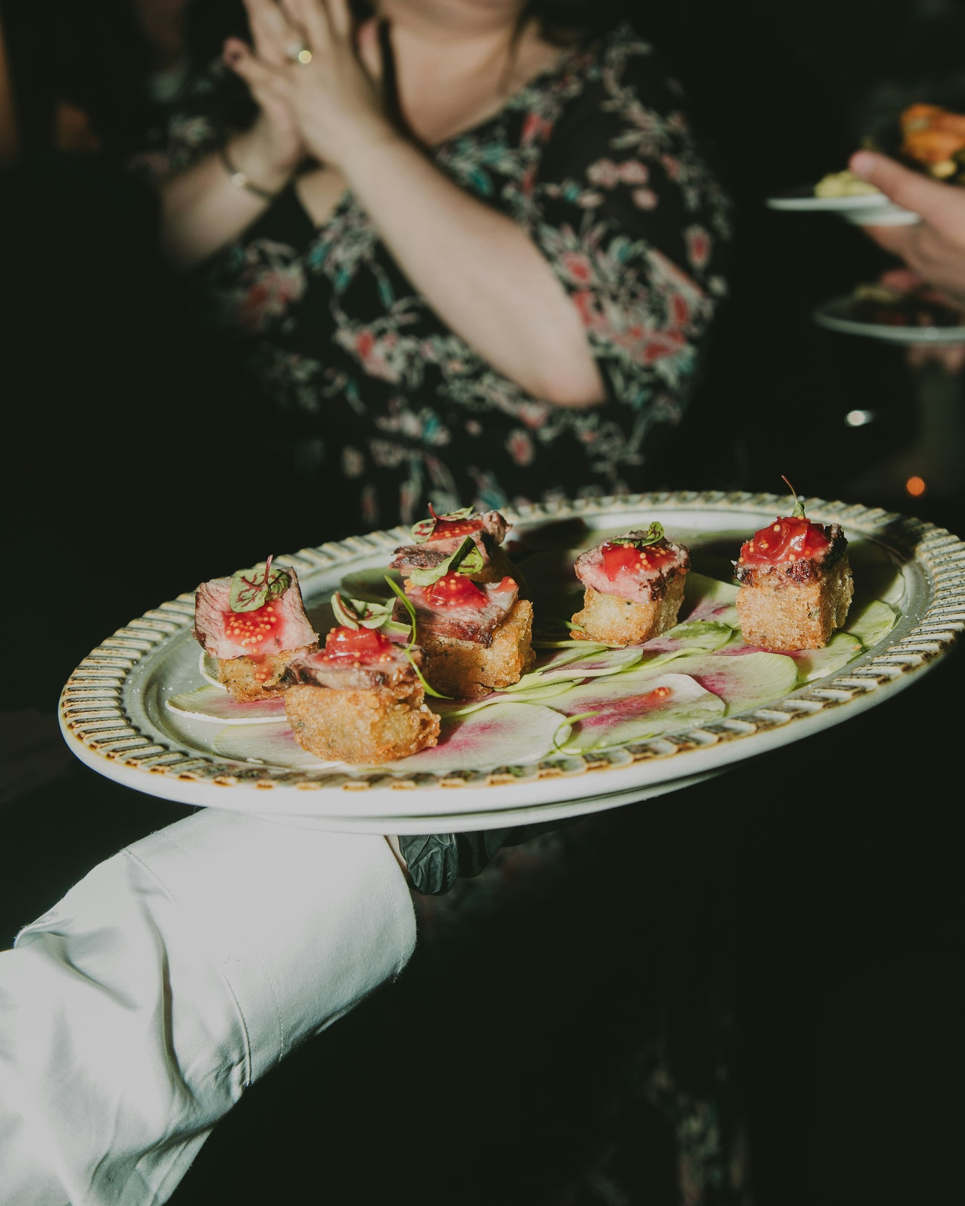 Passed hors d'oeuvres served on a platter at a TillingHouse cocktail hour in Eatontown, NJ